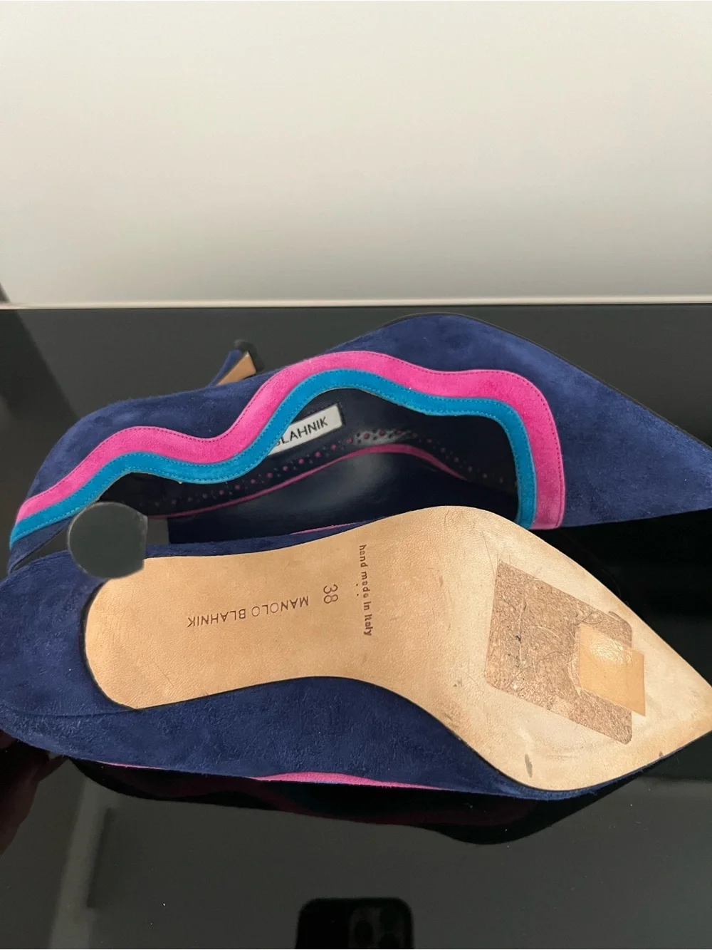 Manolo Blahnik Navy Suede Pumps with Pink & Teal Trim - Picture 5 of 5